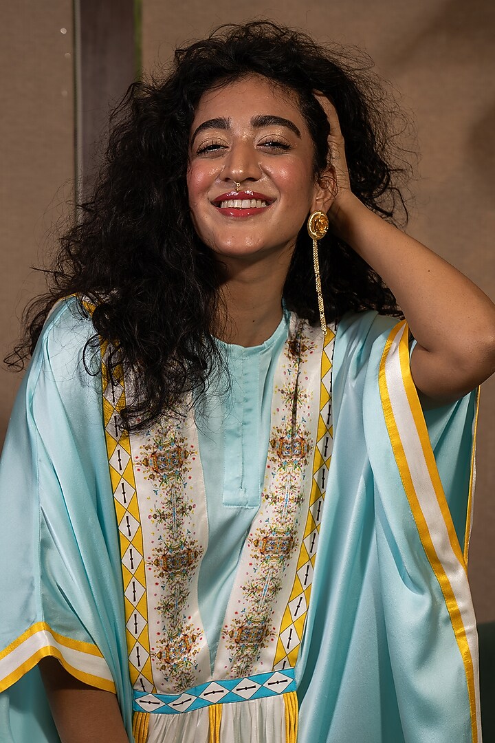 Sky Blue Silk Geometric Printed Kaftan Set by SAIM at Pernia's Pop Up Shop