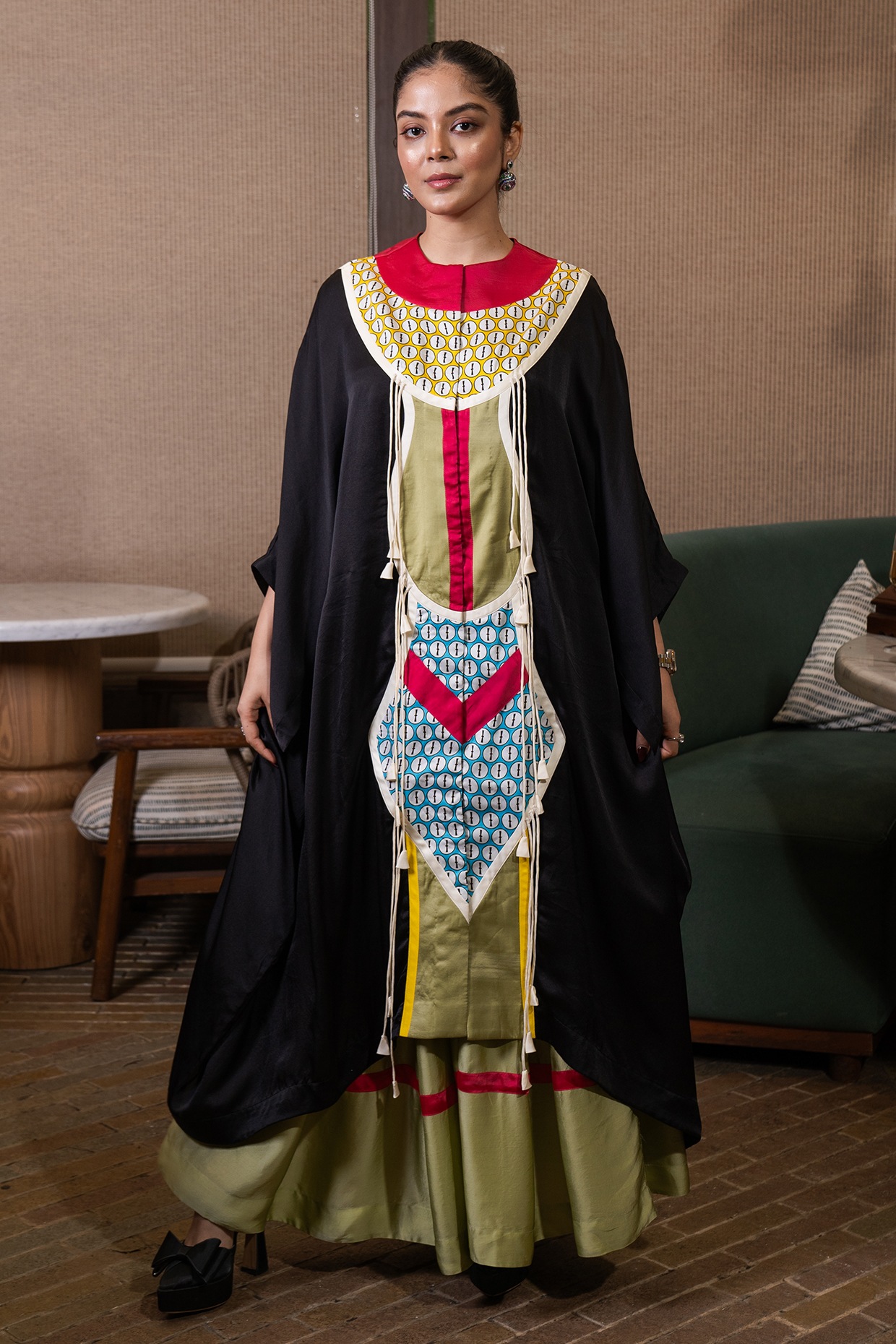 SAIM Black & Jade Green Satin Patchwork Kaftan Set