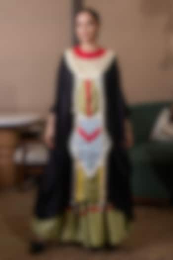 Black & Jade Green Satin Patchwork Kaftan Set by SAIM at Pernia's Pop Up Shop
