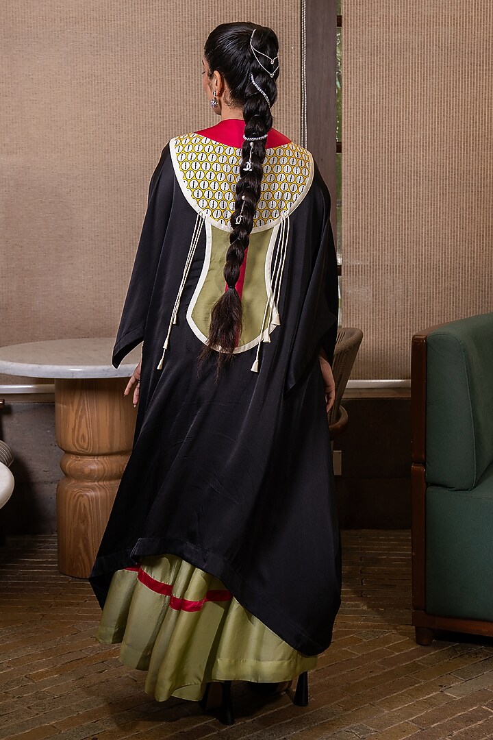 Black & Jade Green Satin Patchwork Kaftan Set by SAIM at Pernia's Pop Up Shop