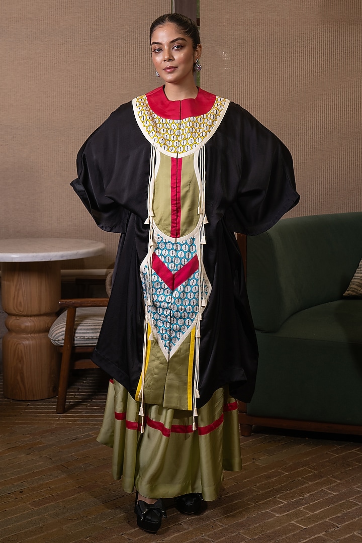 Black & Jade Green Satin Patchwork Kaftan Set by SAIM at Pernia's Pop Up Shop