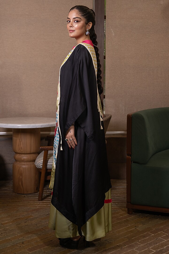 Black & Jade Green Satin Patchwork Kaftan Set by SAIM at Pernia's Pop Up Shop