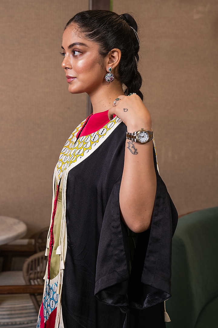 Black & Jade Green Satin Patchwork Kaftan Set by SAIM at Pernia's Pop Up Shop