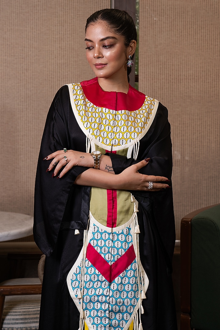 Black & Jade Green Satin Patchwork Kaftan Set by SAIM at Pernia's Pop Up Shop