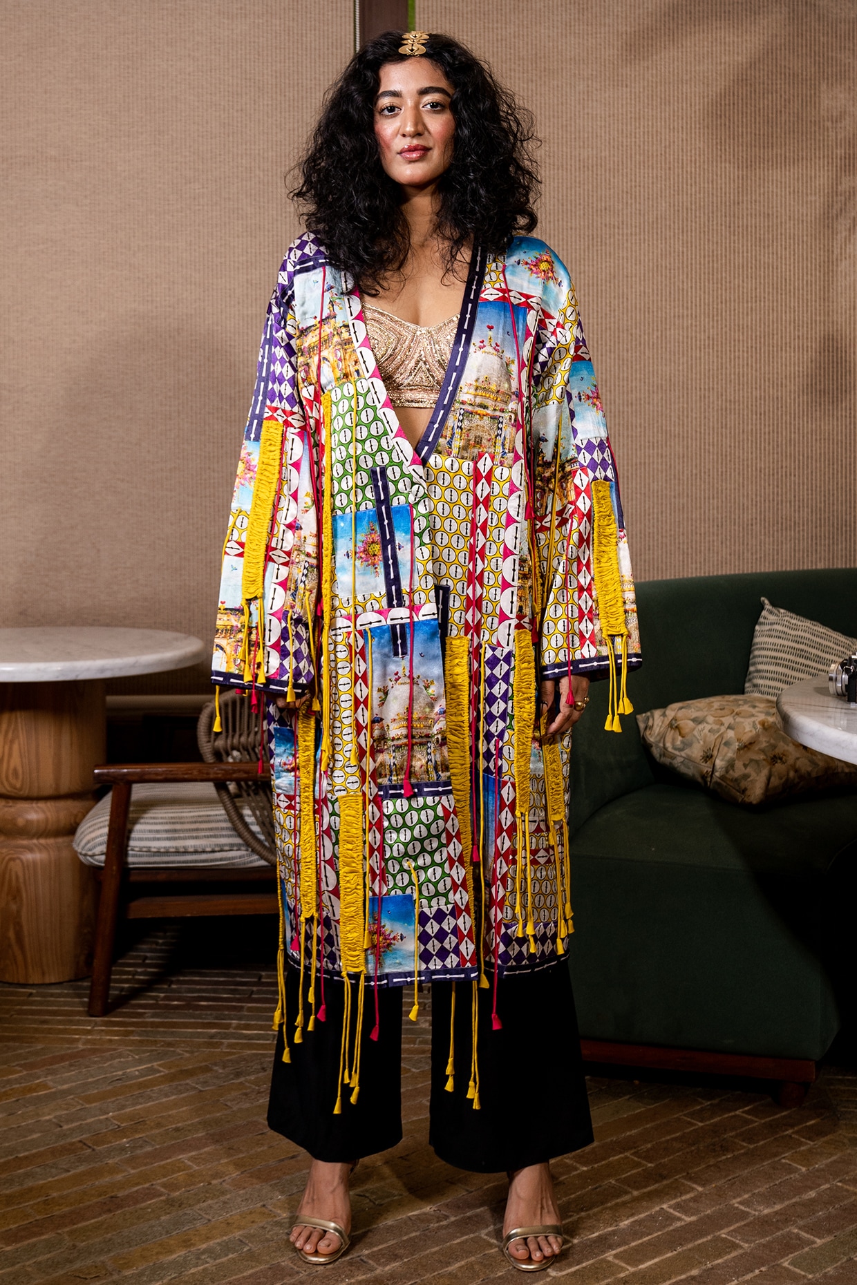 SAIM Multi-Colored Satin Silk Monument Printed Kaftan