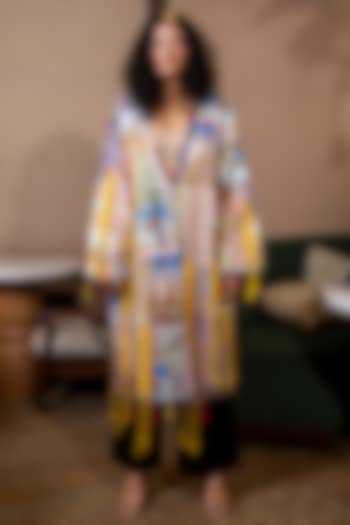 Multi-Colored Satin Silk Monument Printed Kaftan by SAIM at Pernia's Pop Up Shop
