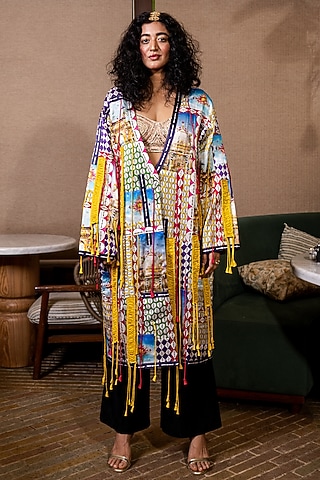 Multi-Colored Satin Silk Monument Printed Kaftan by SAIM