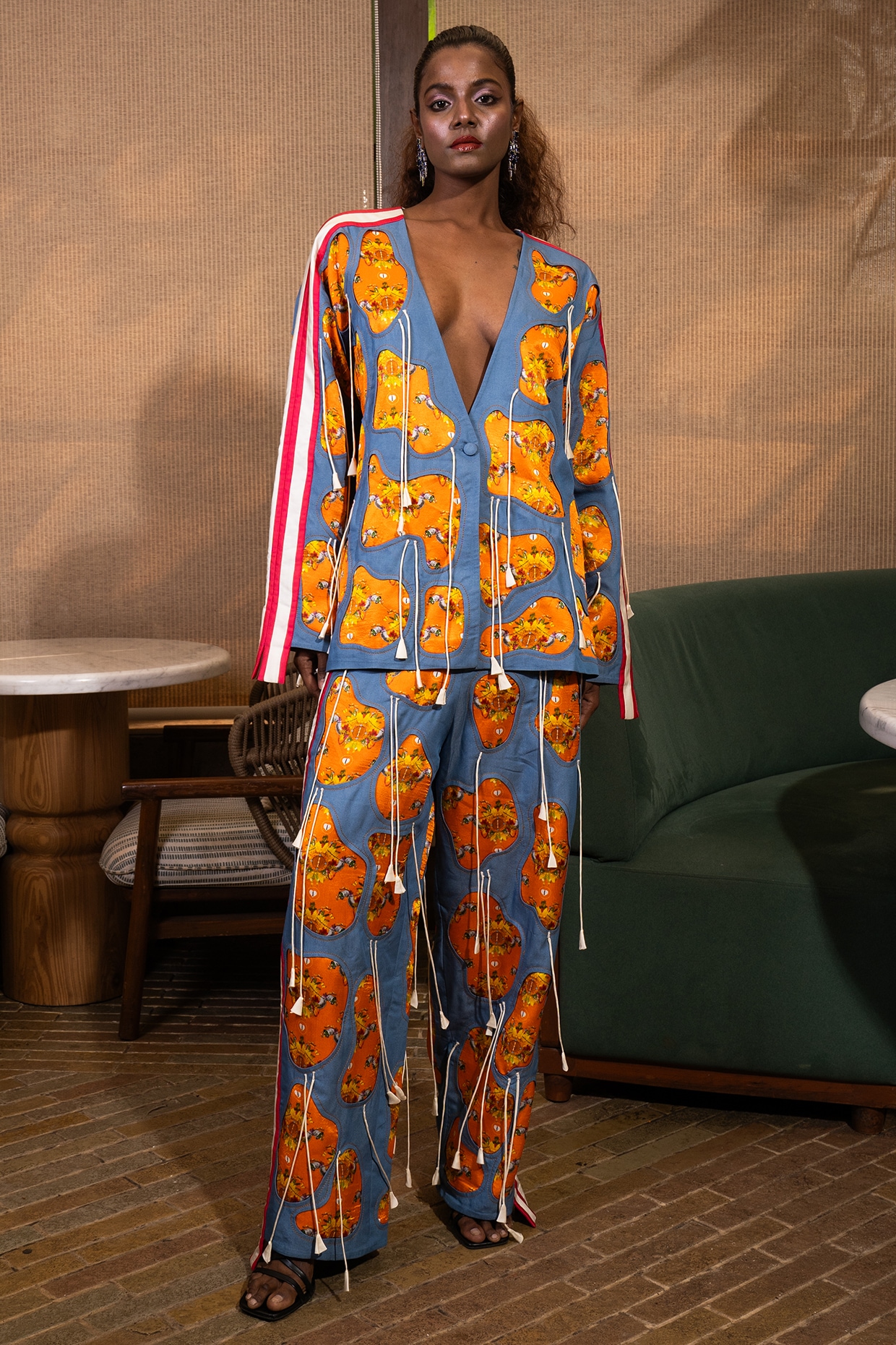 SAIM Denim Blue Satin Silk Floral Printed Jacket Set