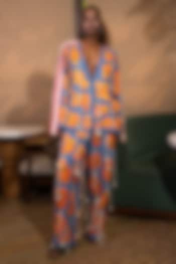Denim Blue Satin Silk Floral Printed Jacket Set by SAIM at Pernia's Pop Up Shop