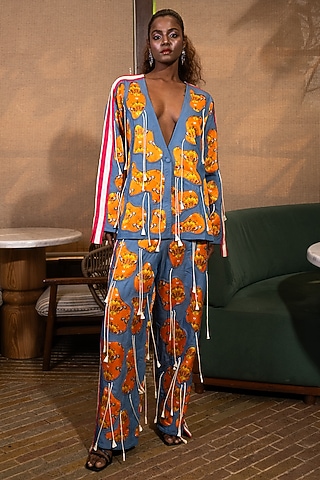 Denim Blue Satin Silk Floral Printed Jacket Set by SAIM