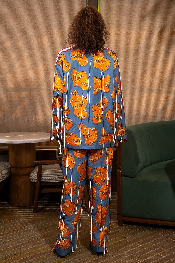 Denim Blue Satin Silk Floral Printed Jacket Set by SAIM at Pernia's Pop Up Shop