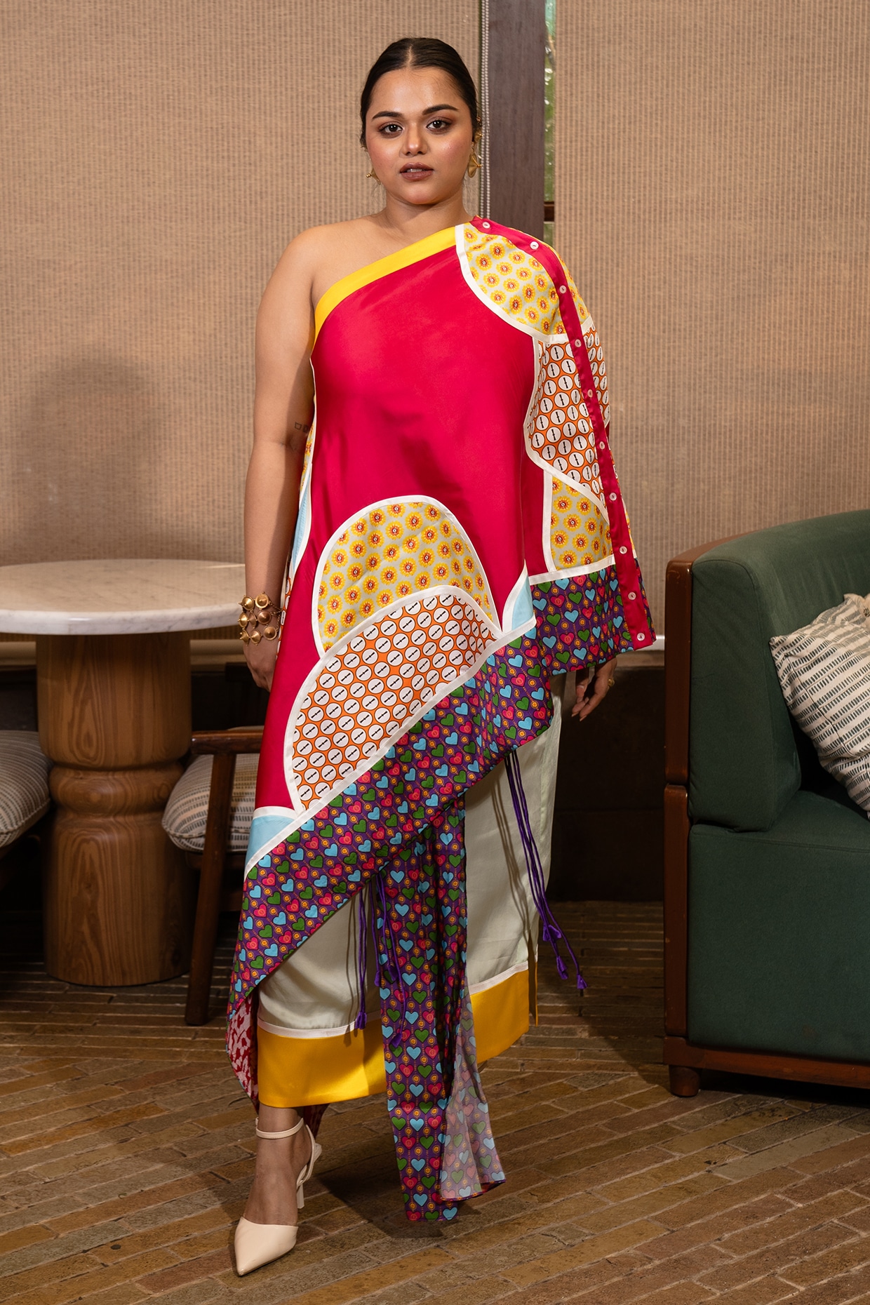 SAIM Fuschia Pink & Jade Green Satin Silk Printed Co-Ord Set