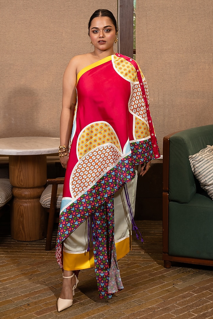 Fuschia Pink & Jade Green Satin Silk Printed Co-Ord Set by SAIM at Pernia's Pop Up Shop