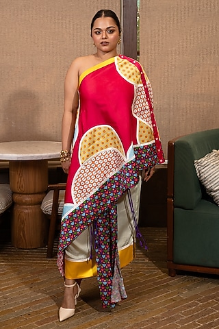 Fuschia Pink & Jade Green Satin Silk Printed Co-Ord Set by SAIM