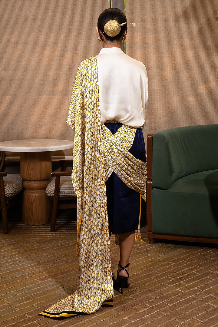 Off-White & Indigo Blue Dupion Skirt Wedding Saree Set by SAIM at Pernia's Pop Up Shop