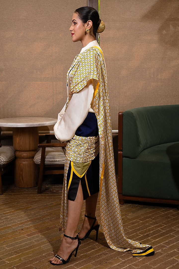 Off-White & Indigo Blue Dupion Skirt Wedding Saree Set by SAIM at Pernia's Pop Up Shop