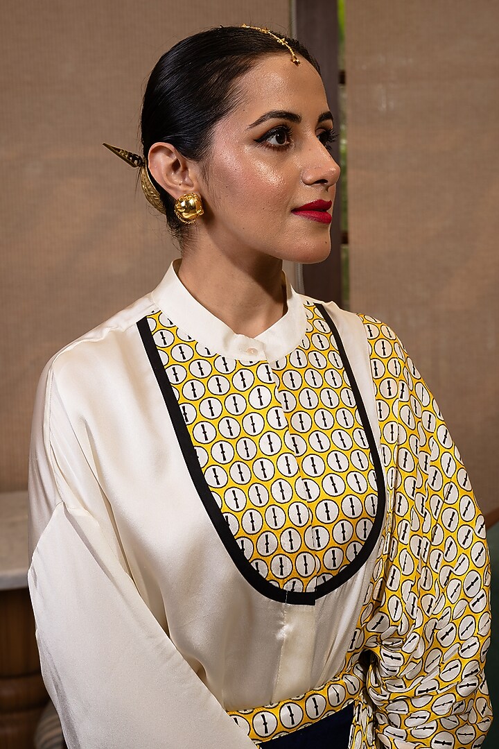 Off-White & Indigo Blue Dupion Skirt Wedding Saree Set by SAIM at Pernia's Pop Up Shop