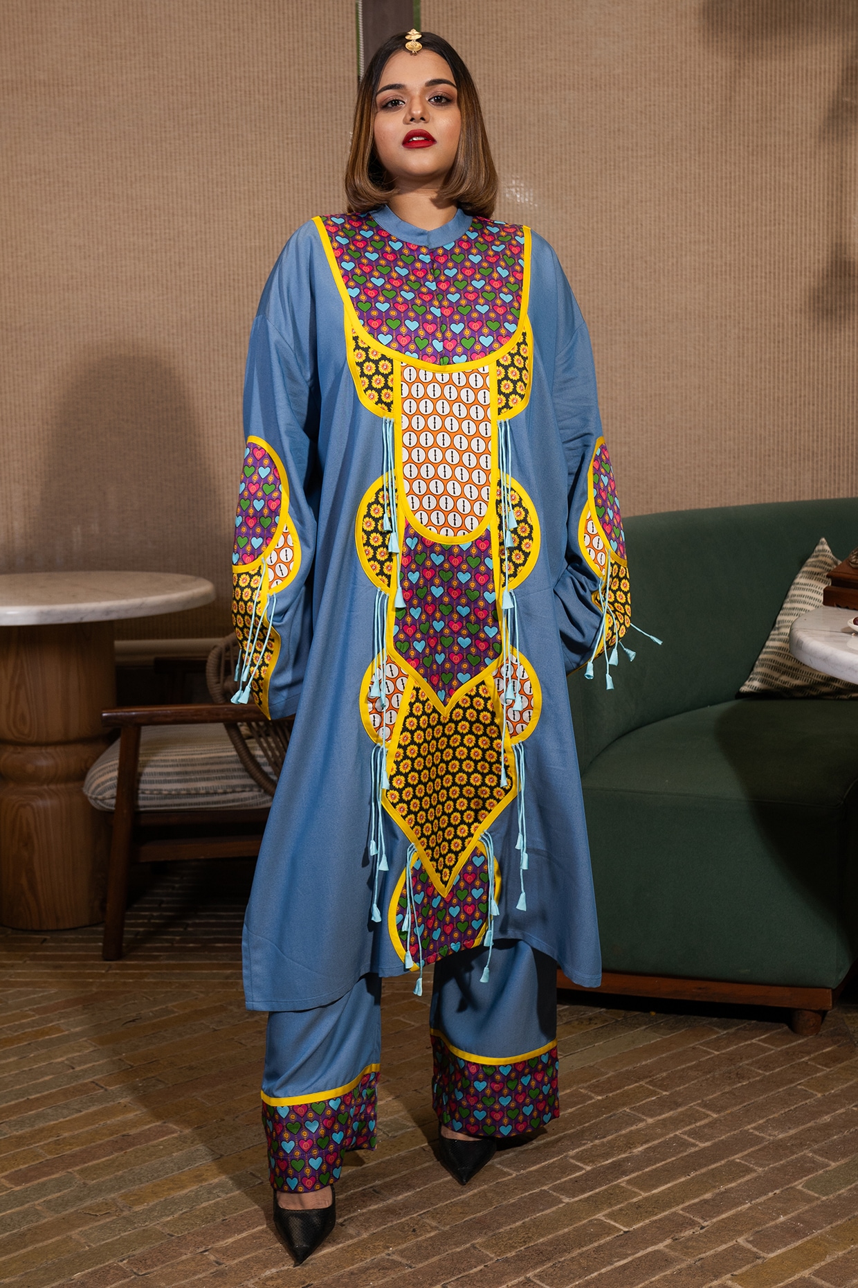 SAIM Denim Blue Silk Sunflower Printed Kaftan Set
