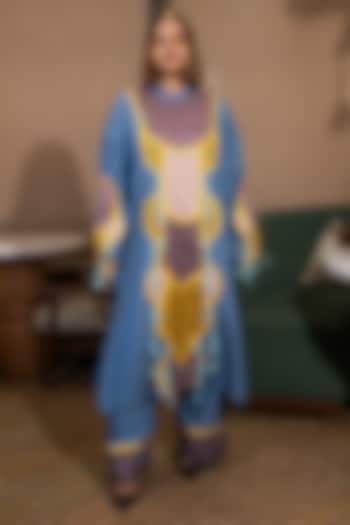 Denim Blue Silk Sunflower Printed Kaftan Set by SAIM at Pernia's Pop Up Shop
