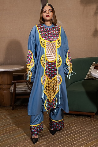 Denim Blue Silk Sunflower Printed Kaftan Set by SAIM