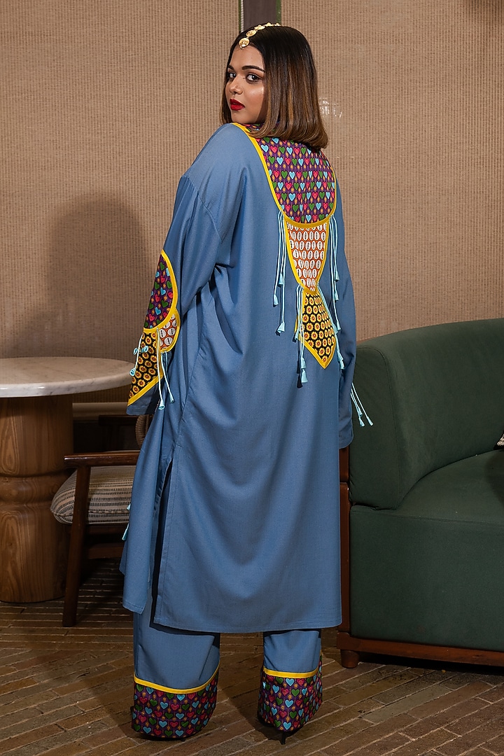Denim Blue Silk Sunflower Printed Kaftan Set by SAIM at Pernia's Pop Up Shop