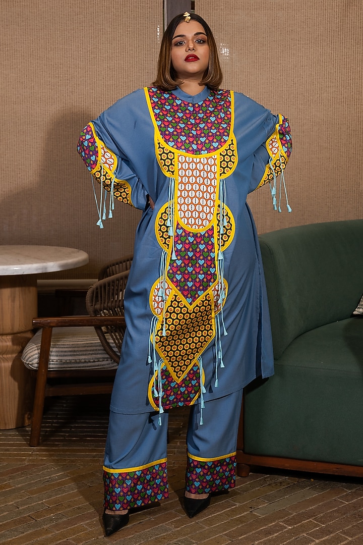 Denim Blue Silk Sunflower Printed Kaftan Set by SAIM at Pernia's Pop Up Shop