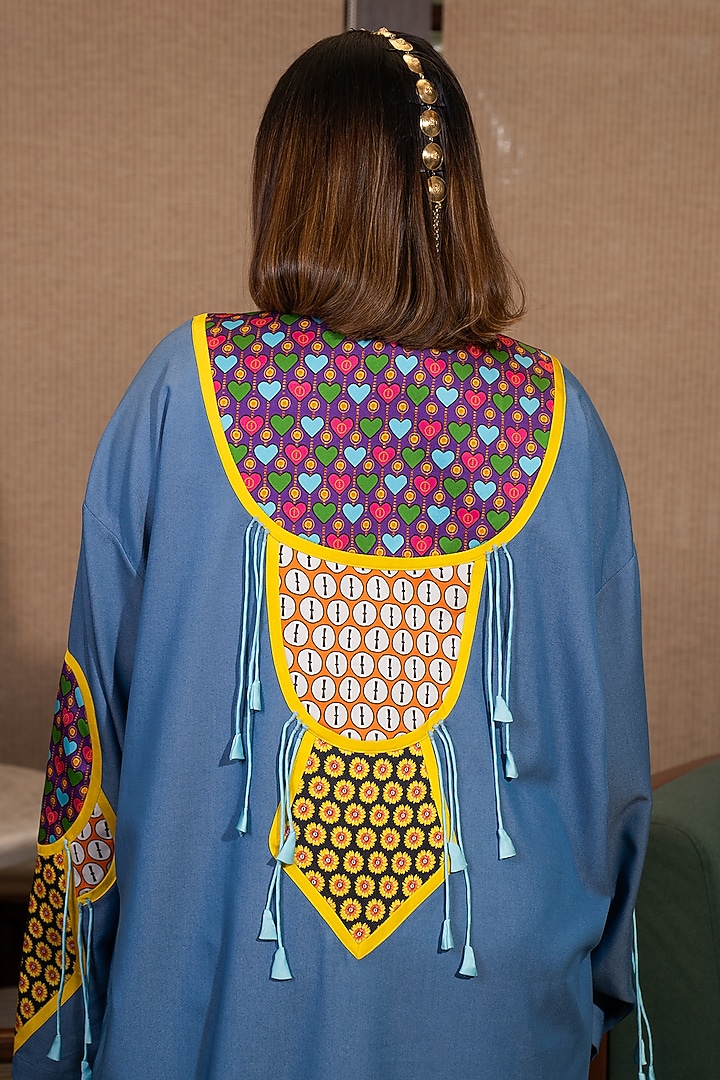 Denim Blue Silk Sunflower Printed Kaftan Set by SAIM at Pernia's Pop Up Shop