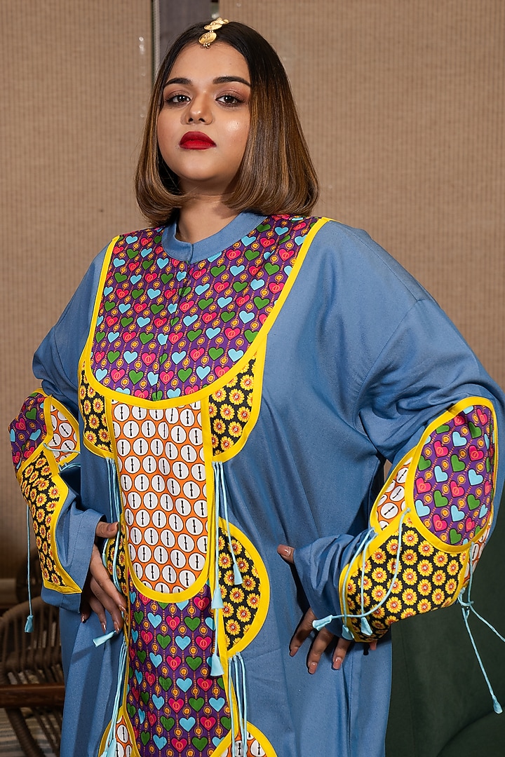 Denim Blue Silk Sunflower Printed Kaftan Set by SAIM at Pernia's Pop Up Shop