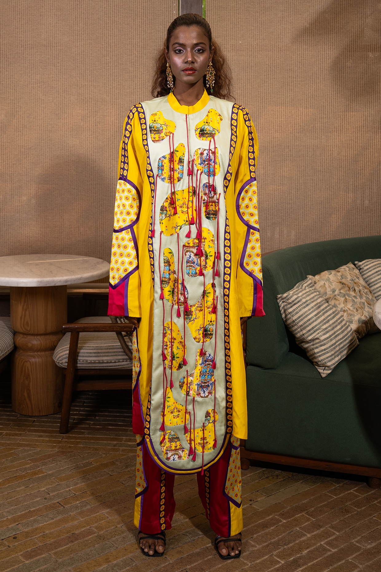 SAIM Mustard Yellow & Fuschia Pink Silk Floral Printed Kurta Set