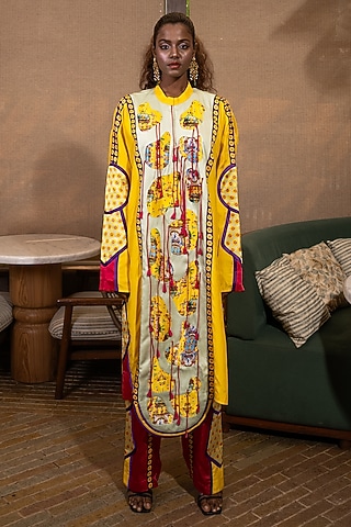 Mustard Yellow & Fuschia Pink Silk Floral Printed Kurta Set by SAIM