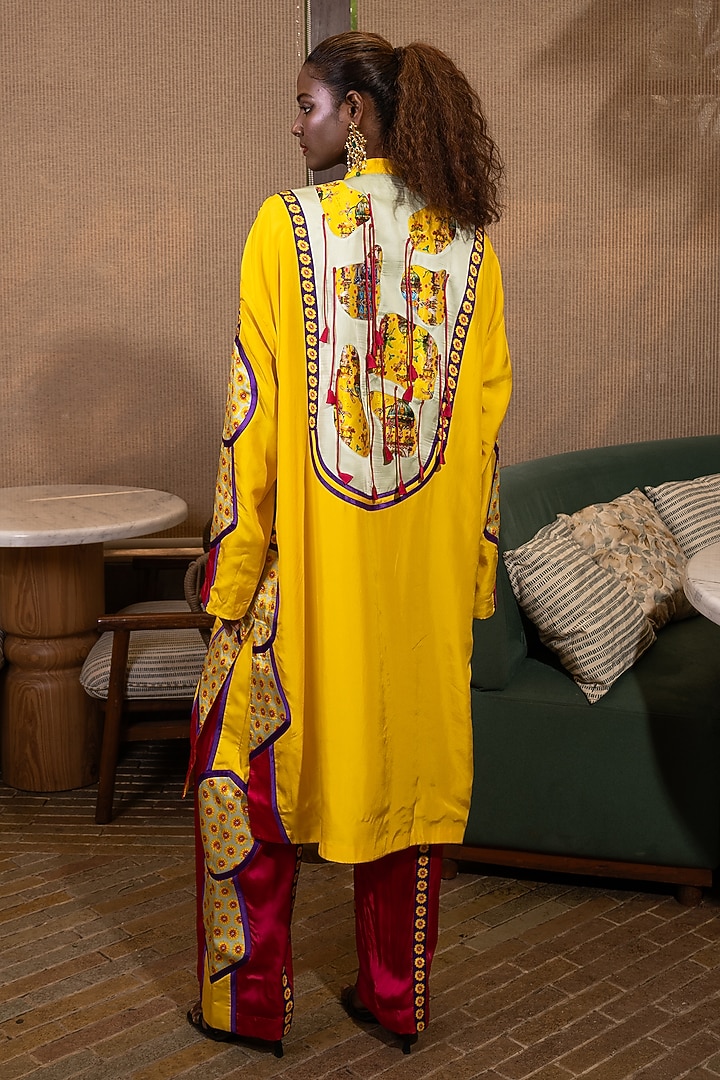 Mustard Yellow & Fuschia Pink Silk Floral Printed Kurta Set by SAIM at Pernia's Pop Up Shop