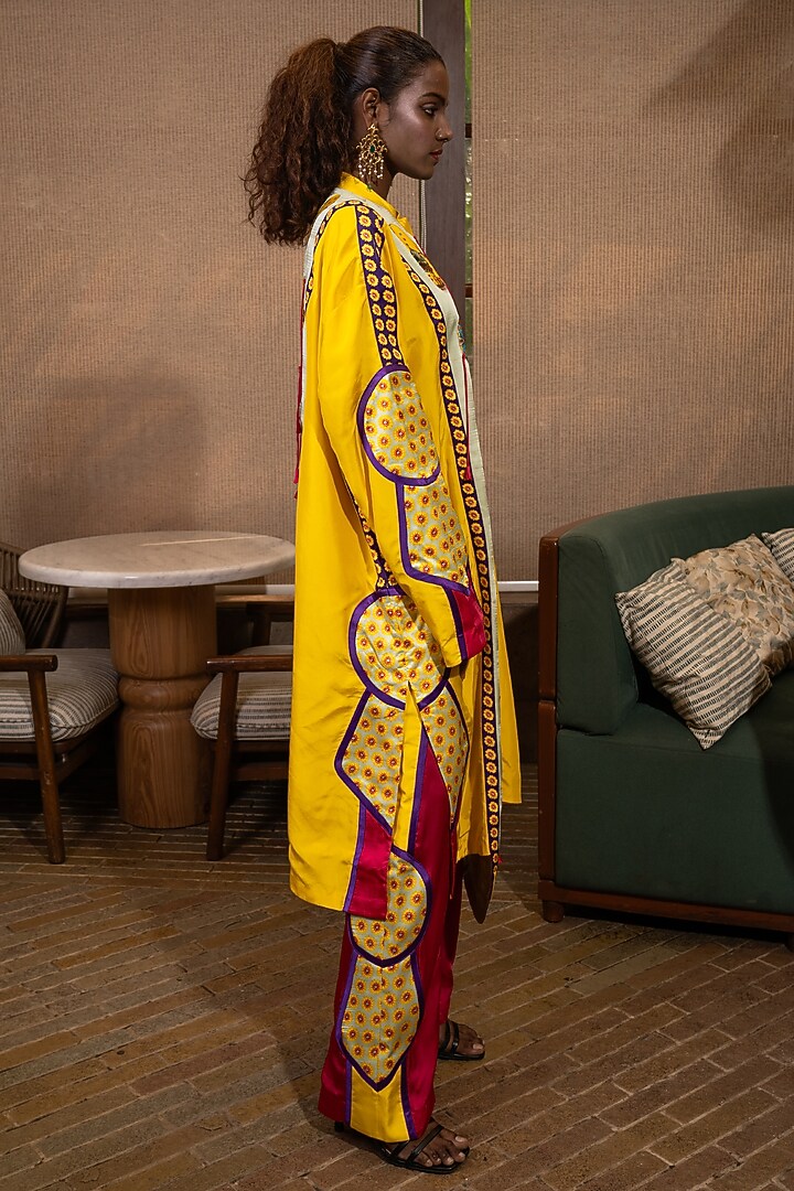 Mustard Yellow & Fuschia Pink Silk Floral Printed Kurta Set by SAIM at Pernia's Pop Up Shop
