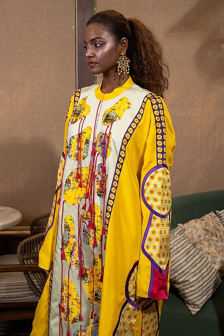 Mustard Yellow & Fuschia Pink Silk Floral Printed Kurta Set by SAIM at Pernia's Pop Up Shop