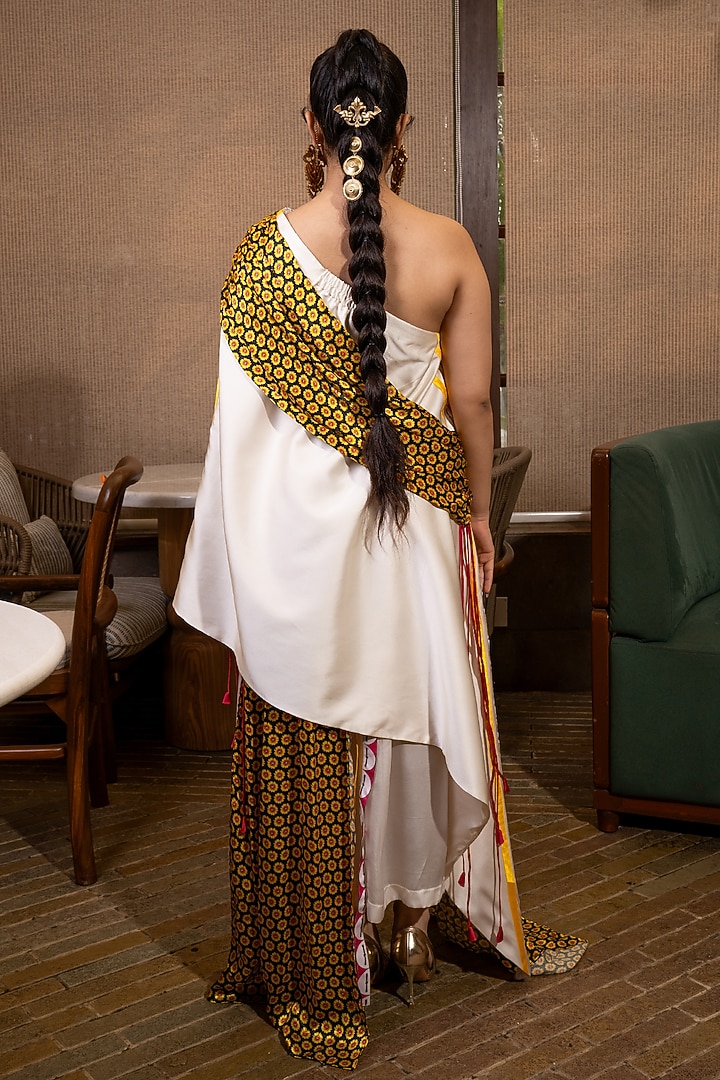 Off-White Satin & Silk Floral Printed Co-Ord Set by SAIM at Pernia's Pop Up Shop