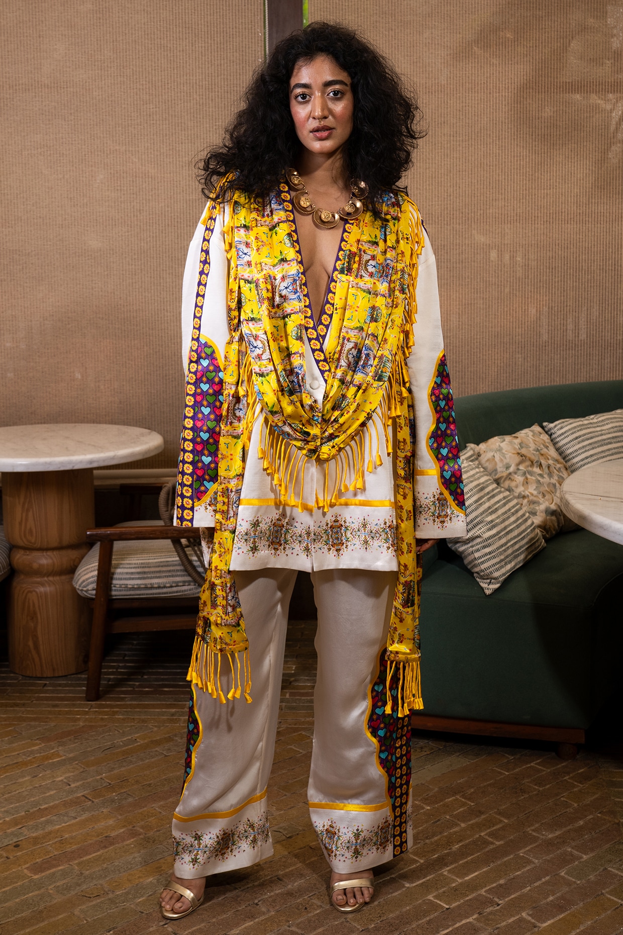 SAIM Off-White Silk Floral Printed Drape Jacket Set