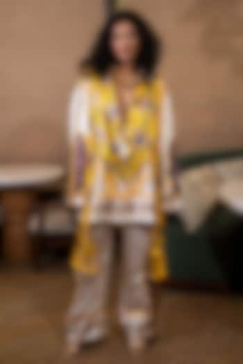 Off-White Silk Floral Printed Drape Jacket Set by SAIM at Pernia's Pop Up Shop