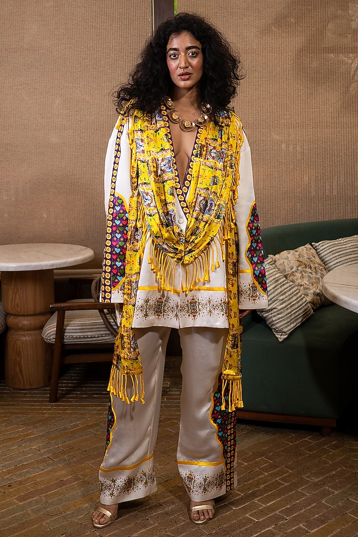 Off-White Silk Floral Printed Drape Jacket Set by SAIM at Pernia's Pop Up Shop
