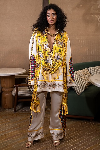 Off-White Silk Floral Printed Drape Jacket Set by SAIM