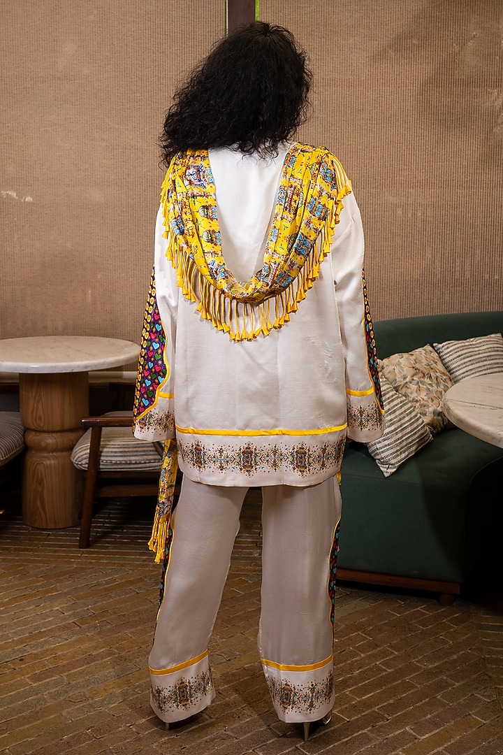 Off-White Silk Floral Printed Drape Jacket Set by SAIM at Pernia's Pop Up Shop