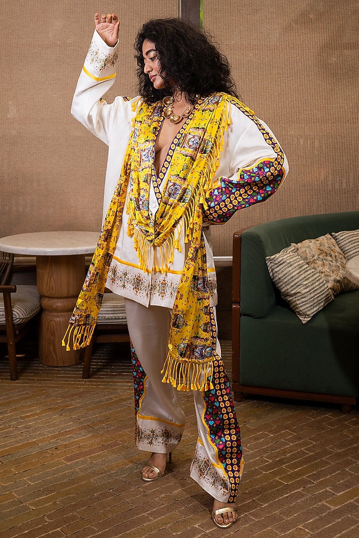 Off-White Silk Floral Printed Drape Jacket Set by SAIM at Pernia's Pop Up Shop