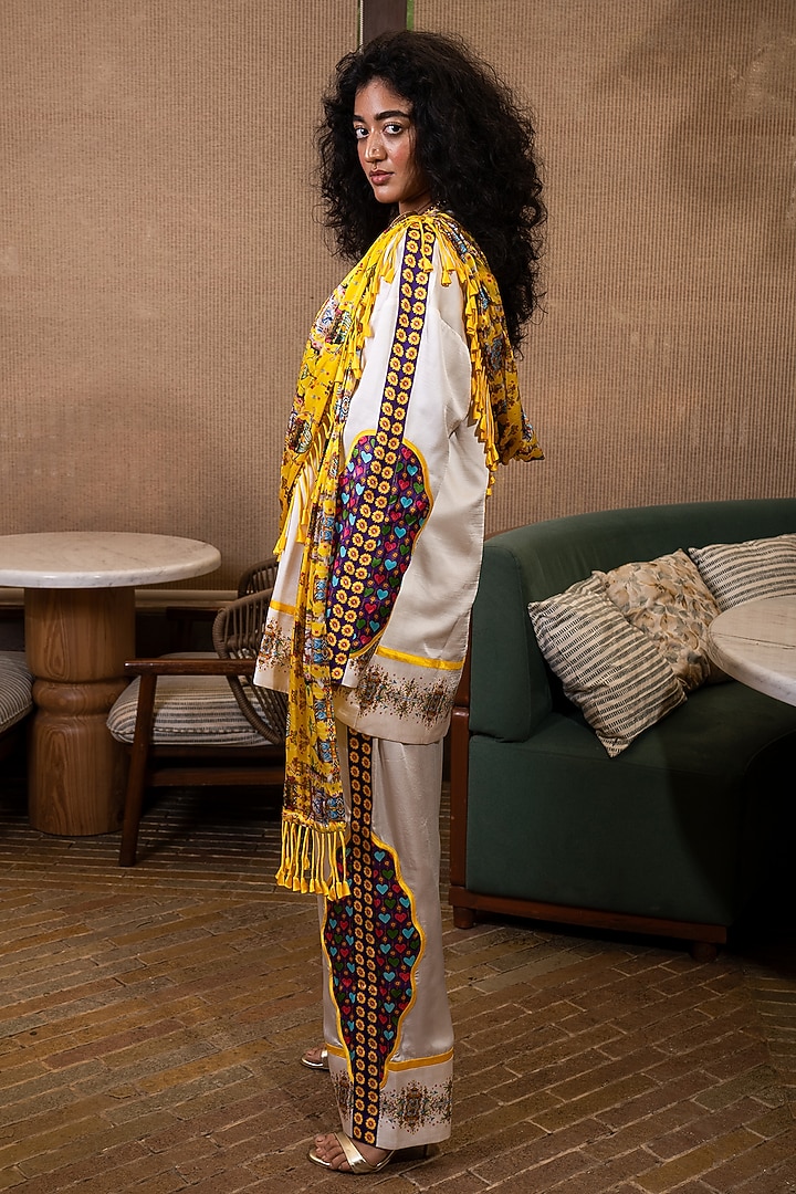 Off-White Silk Floral Printed Drape Jacket Set by SAIM at Pernia's Pop Up Shop