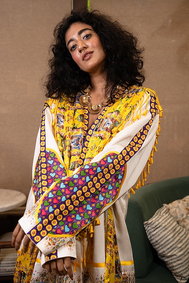 Off-White Silk Floral Printed Drape Jacket Set by SAIM at Pernia's Pop Up Shop
