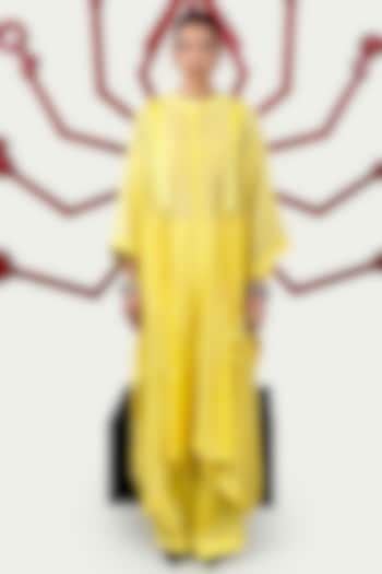 Yellow Chanderi & Satin Tie-Up Kaftan Set by SAIM at Pernia's Pop Up Shop