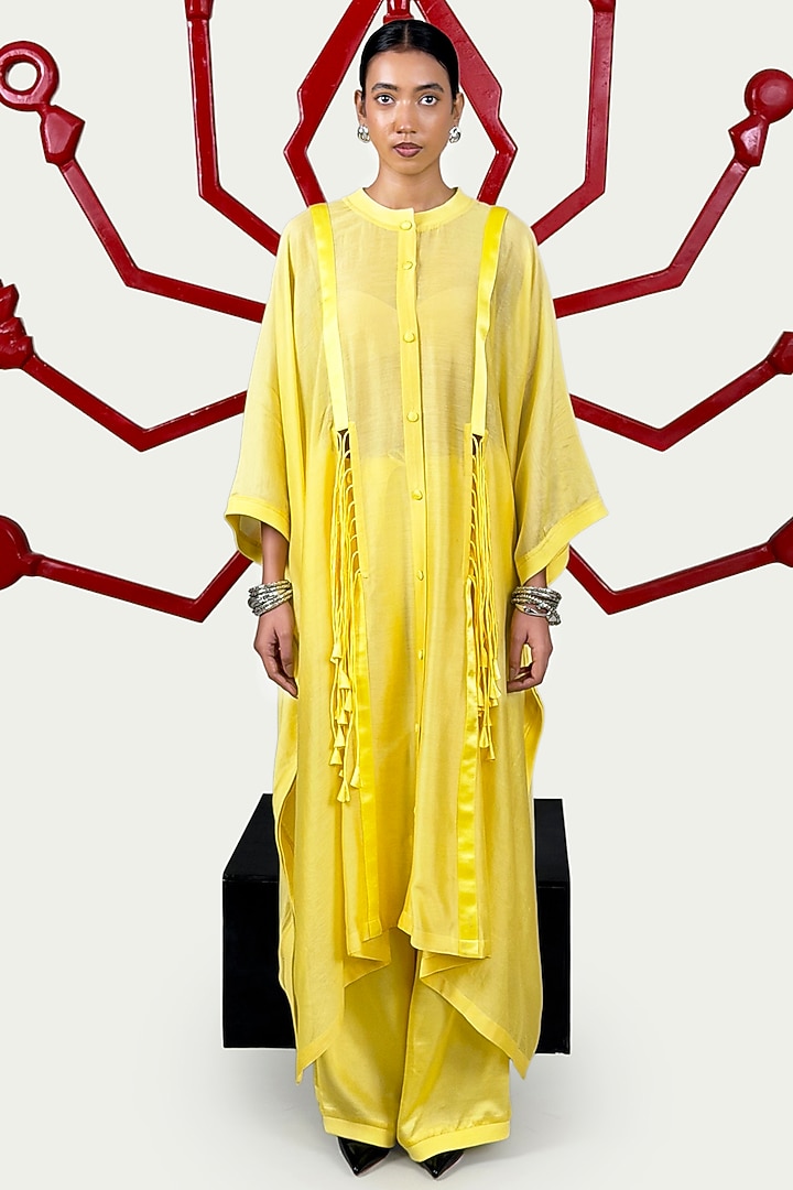 Yellow Chanderi & Satin Tie-Up Kaftan Set by SAIM at Pernia's Pop Up Shop