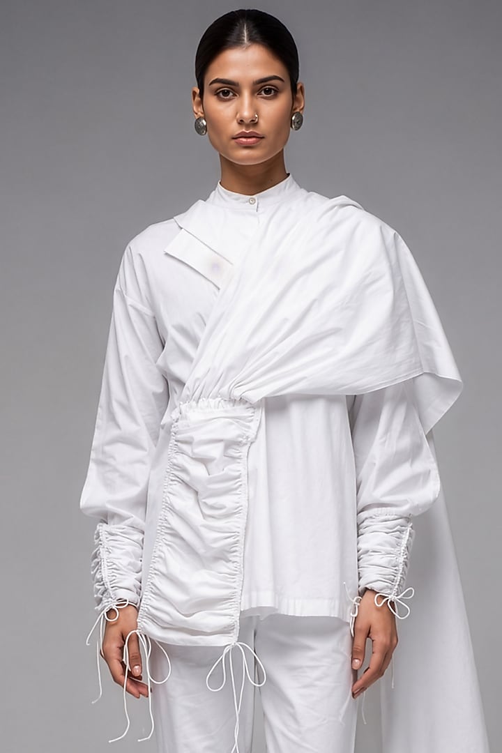 White Giza Cotton Draped Shirt by SAIM at Pernia's Pop Up Shop