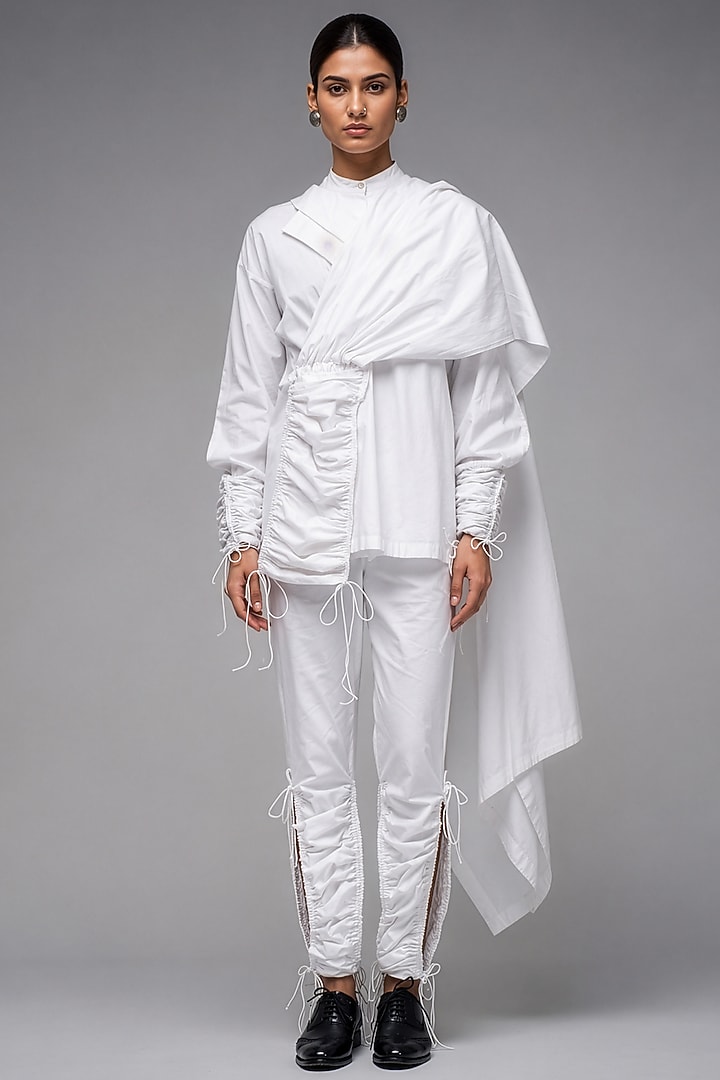 White Giza Cotton Draped Shirt by SAIM at Pernia's Pop Up Shop