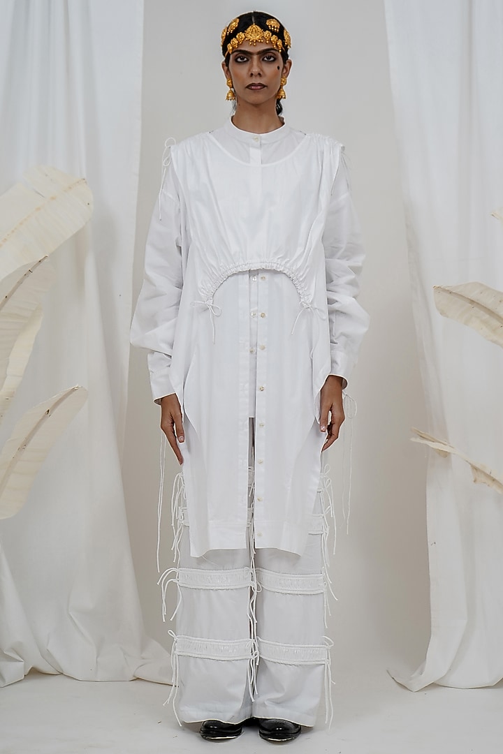 White Giza Cotton Cuffed Sleeve Shirt by SAIM at Pernia's Pop Up Shop