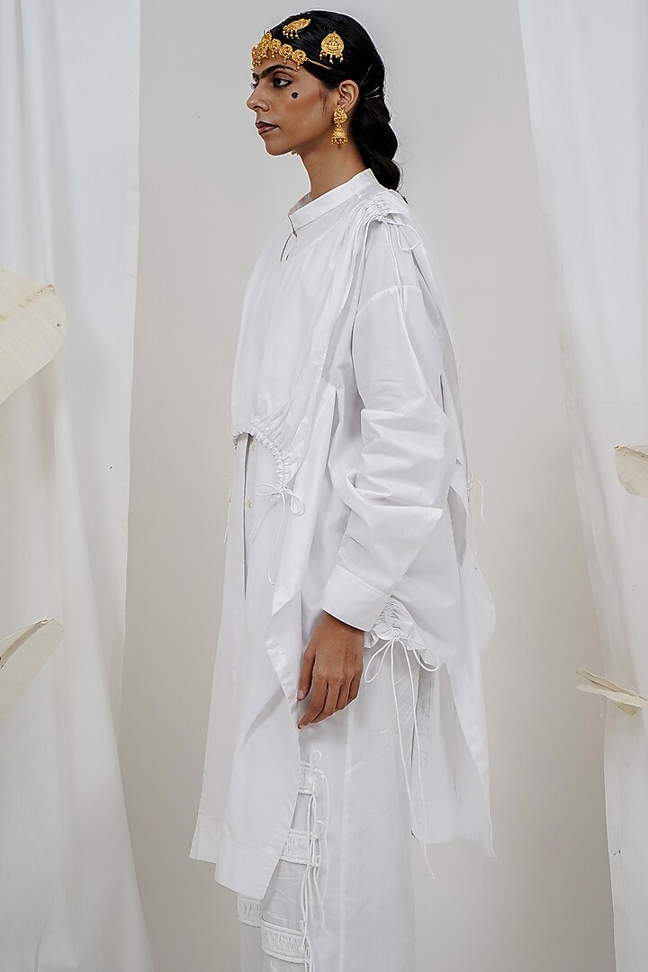 White Giza Cotton Cuffed Sleeve Shirt by SAIM at Pernia's Pop Up Shop