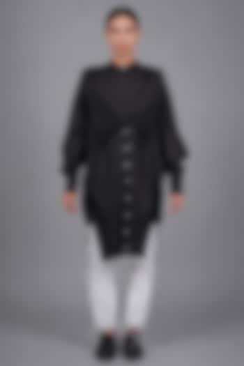 Black Giza Cotton Cuffed Sleeve Shirt by SAIM at Pernia's Pop Up Shop