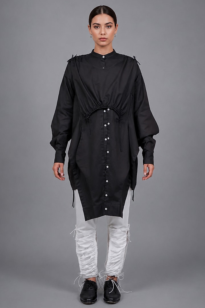 Black Giza Cotton Cuffed Sleeve Shirt by SAIM at Pernia's Pop Up Shop